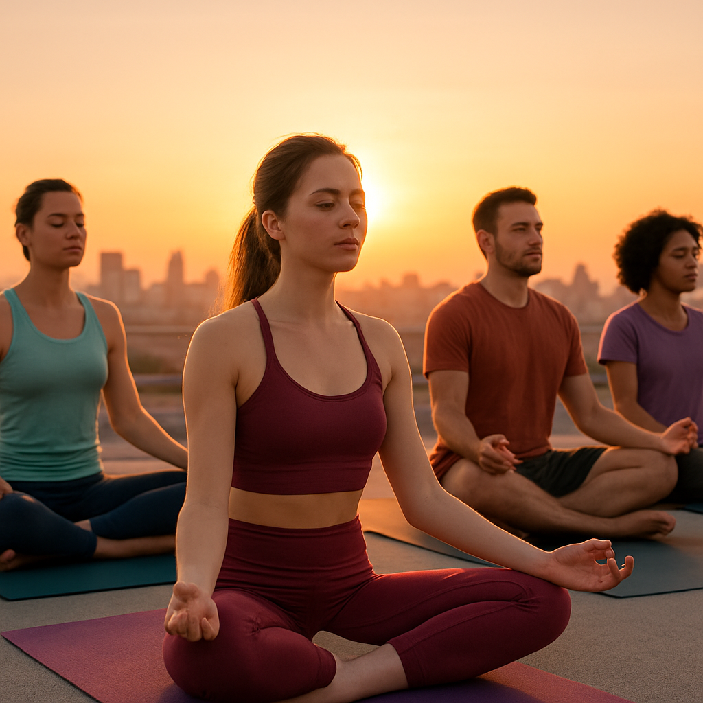 Small group doing rooftop yoga at dusk